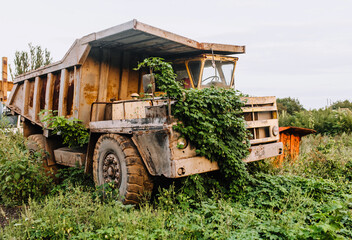 Old, broken, dirty, rusty abandoned car big truck, overgrown with green grass, ivy stands outdoors. - obrazy, fototapety, plakaty
