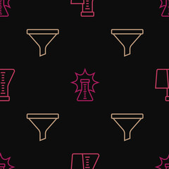 Set line Test tube and flask, Funnel or filter and Chemical explosion on seamless pattern. Vector