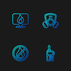 Set line Walkie talkie, No fire, Location with flame and Gas mask. Gradient color icons. Vector