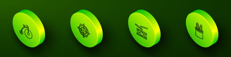 Set Isometric line Vintage bicycle, Target sport, Drum with drum sticks and Magician hat and rabbit ears icon. Vector