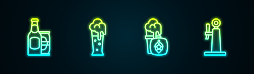 Set line Beer bottle and beer can, Glass of, and tap. Glowing neon icon. Vector