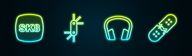 Set line Skateboard, Tool allen keys, Headphones and Broken skateboard deck. Glowing neon icon. Vector