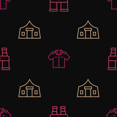 Set line Binoculars, Tourist tent and Shirt on seamless pattern. Vector