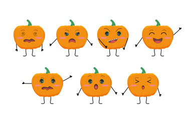 PNG Pumpkin set. Cute set of pumpkin characters, white background. Halloween.	