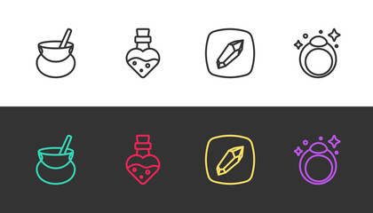 Set line Witch cauldron, Bottle with potion, Magic stone and ring on black and white. Vector