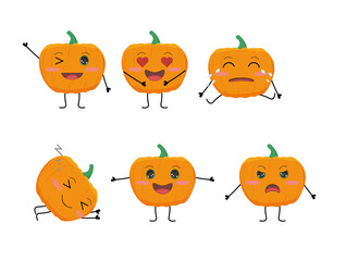 PNG Pumpkin set. Cute set of pumpkin characters, white background. Halloween.	
