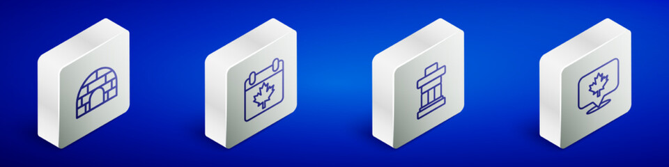 Set Isometric line Igloo ice house, Canada day with maple leaf, Inukshuk and Canadian icon. Vector