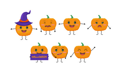 PNG Pumpkin set. Cute set of pumpkin characters, white background. Set of pumpkins for Halloween.	
