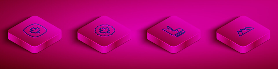 Set Isometric line Canadian maple leaf, Skates and Mountains icon. Vector