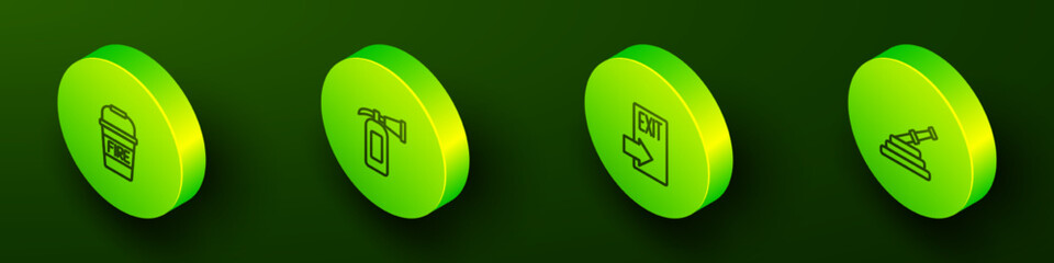 Set Isometric line Fire bucket, extinguisher, exit and hose reel icon. Vector