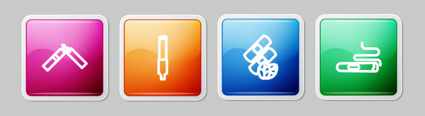 Set line Broken cigarette, Cigarette, Medical nicotine patches and . Colorful square button. Vector