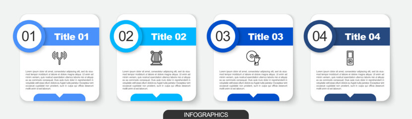 Set line Musical tuning fork, Ancient Greek lyre, DJ playing music and player. Business infographic template. Vector