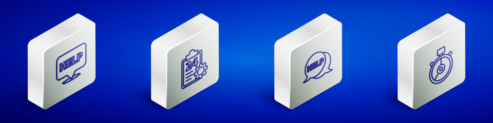 Set Isometric line Speech bubble with text Help, Checklist 24 hours service, and Stopwatch icon. Vector