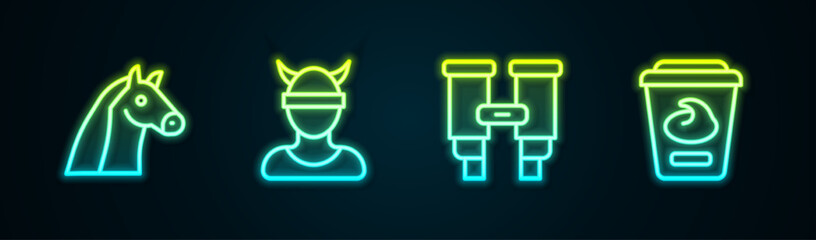 Set line Horse, Viking head, Binoculars and Yogurt container. Glowing neon icon. Vector
