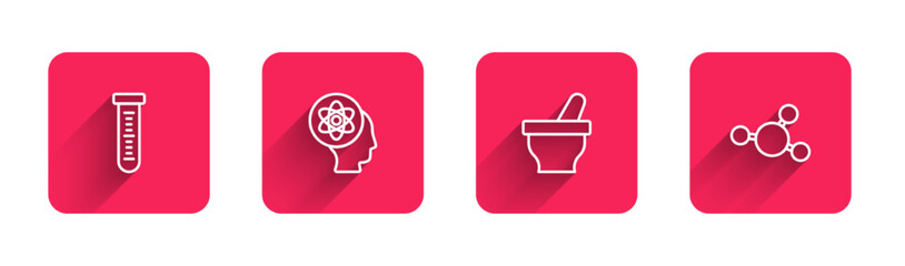 Set line Test tube, Atom, Mortar and pestle and Molecule with long shadow. Red square button. Vector