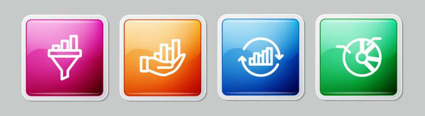 Set line Sales funnel with chart, Pie infographic, and . Colorful square button. Vector