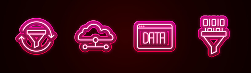 Set line Sales funnel with chart, Network cloud connection, Data analysis and Binary code. Glowing neon icon. Vector