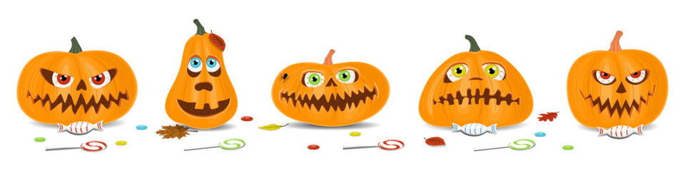 Halloween pumpkins on a white background, orange pumpkin with different shapes and faces. Vector illustration.