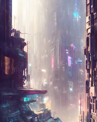 A 3d digital render of a cyberpunk city environment with pink, blue and purple lights.