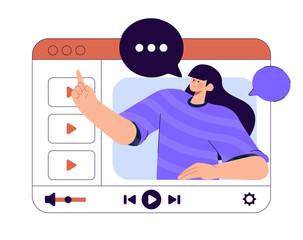 Young woman Ann, webinar, online conference, online learning, lectures and training in internet. Vector people character