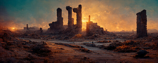 Arid desert landscape in sunset. Science fiction digital painting.