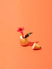 Red flower blooming out of a pear. Minimal summer concept. Nature creative idea. - obrazy, fototapety, plakaty
