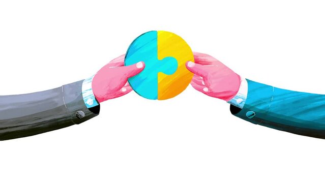 Two hands with puzzles matching. Yellow and blue version. Business cartoon animation explainer hand made painting flat design style. Two businessmen in suits achieve agreement.