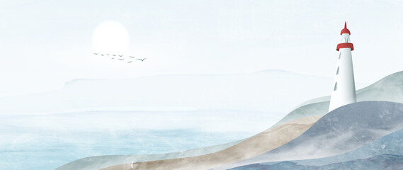 Landscape art background in watercolor style with rocks, hills, sea and lighthouse. Banner in cool blue colors for decor, print, interior design, wallpaper, wall art, poster.