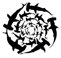 Shark silhouette. Illustration of a flock of sharks. Hammerhead shark. - obrazy, fototapety, plakaty