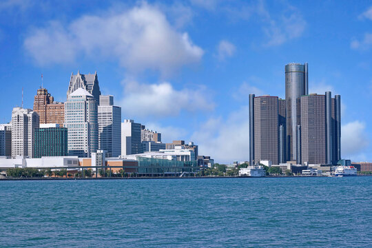 Detroit downtown skyline and waterfront viewed from across the river