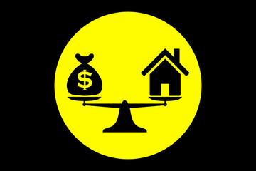 Mortgage. Purchase of property or real estate. Bag of cash and house on scales symbolizing decision process.
