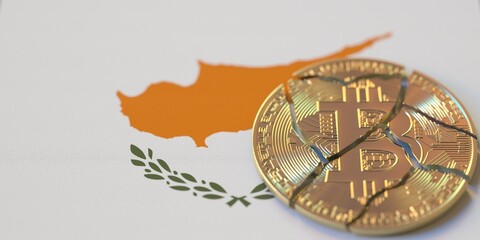 Flag of Cyprus and destroyed bitcoin. Cryptocurrency ban or restrictions related 3d rendering