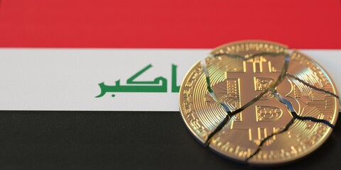 Fototapeta na wymiar Flag of Iraq and broken bitcoin. Cryptocurrency ban or crypto legal issues concepts, 3d rendering