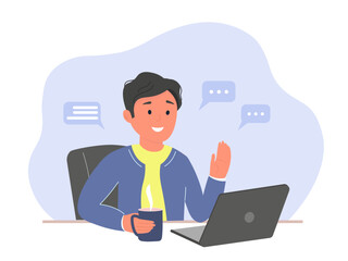 A young office worker is sitting with a computer, communicating, working, studying. A man with a laptop. Vector graphics.