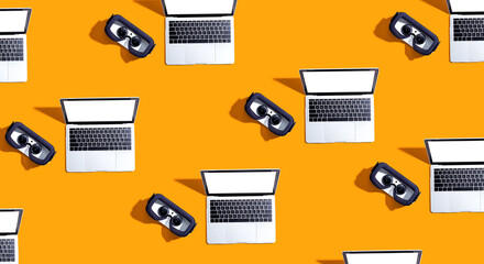 Tech gear theme with vr headset and a laptop computer