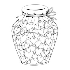 Jam with the taste of love. Hearts in a jar. Marinated love. Valentine's Day illustration. Postcard with love. Canned mood. Black illustration.