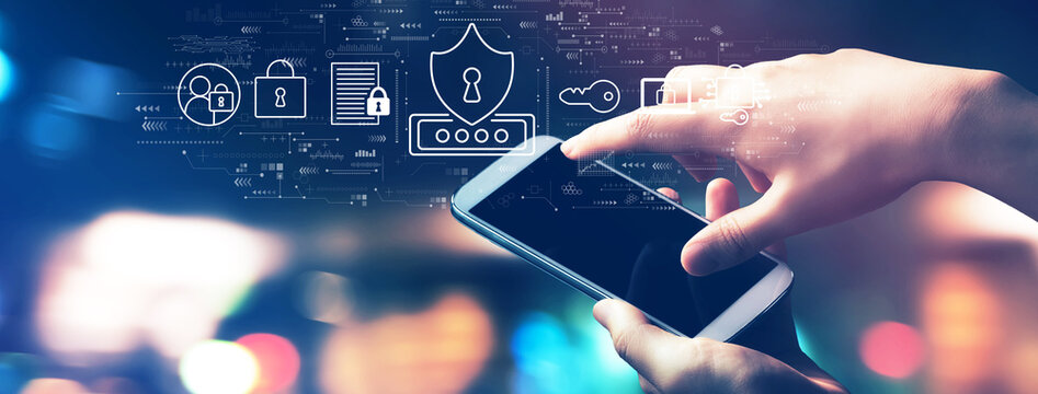 Cyber security theme with blurred city lights at night