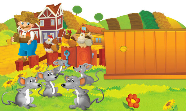 Cartoon farm scene with animals isolated - illustration for children