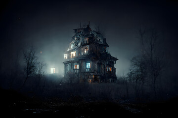 dark haunted house with illuminated windows at spooky misty dark halloween night, neural network generated art. Digitally generated image. Not based on any actual scene or pattern. - obrazy, fototapety, plakaty