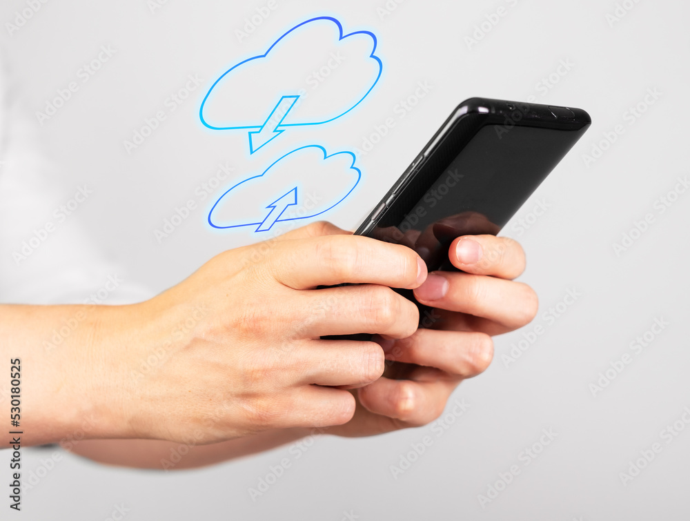 Poster woman holding phone and using cloud service. mobile app for storage personal data on internet. infor