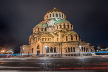 St Alexander Nevski Cathedral in Sofia illuminated at night, Bulgaria
