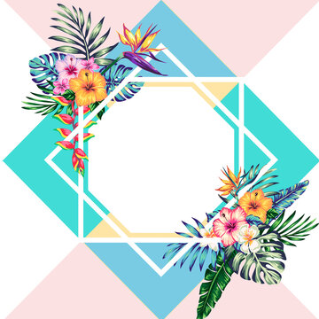 this simple green palm hexagonal border PNG Tropical leaves and flowers. The ready-to-use PNG clip art image is also ideal for social media share or used as stickers.