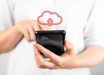 Woman holding phone for illegal file download. Online piracy concept. Unlicensed software programs, unauthorized application using. Mobile malware