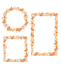 Seashells frame set. Watercolor design element for cards, invitations, posters, fabric prints, patterns, stationery, labels. Template for wedding, anniversary, birthday and other celebrations.