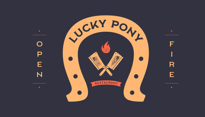 Logo lucky horseshoe. Text Lucky Pony, gold horseshoe, graphic and lucky symbols. Design element, drawing, vintage hipster style, ribbon and good luck fortune sign. Vector Illustration