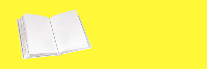 Banner with open book mockup with white blank pages on yellow background. Reading, intellectual development, education concept. Encyclopedia, Bible, code, novel. Copy space