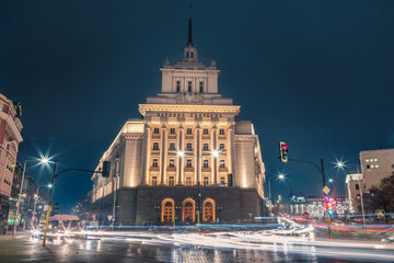 Largo ensemble, National Assembly and city lights at night, Sofia, Bulgaria