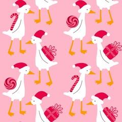 Christmas gifts cartoon seamless goose animals birds and sugar pattern for wrapping and kids clothes print and fabrics