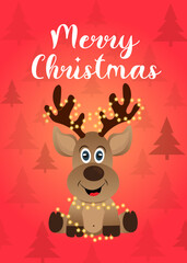 Сhristmas card with deer. Сartoon deer in a garland new year card. greeting card.