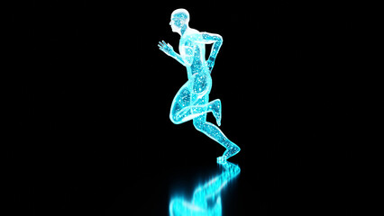 neon human figure running isolated on black, 3D holographic running man, 3d render	